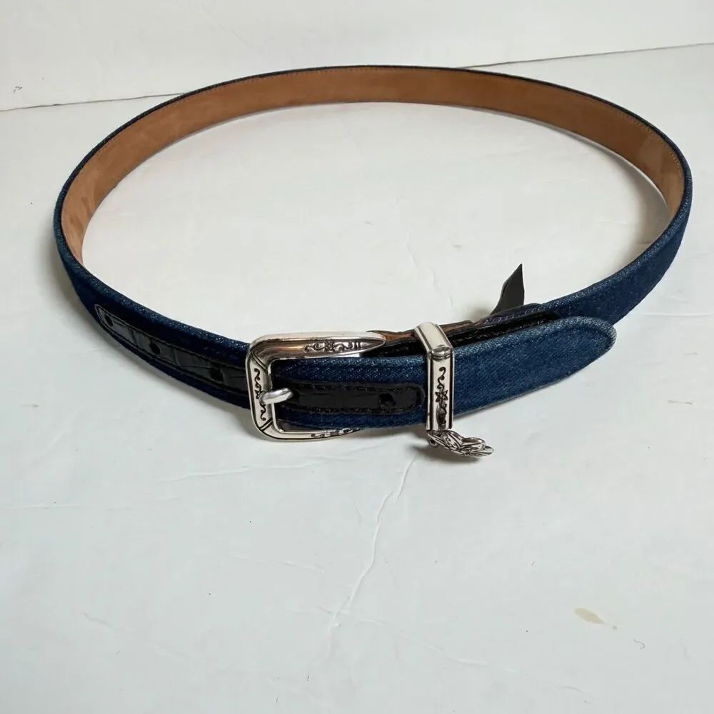 Brighton Denim Belt M/L 32 Blue Black Croc Embossed Leather Silver Flower Charm